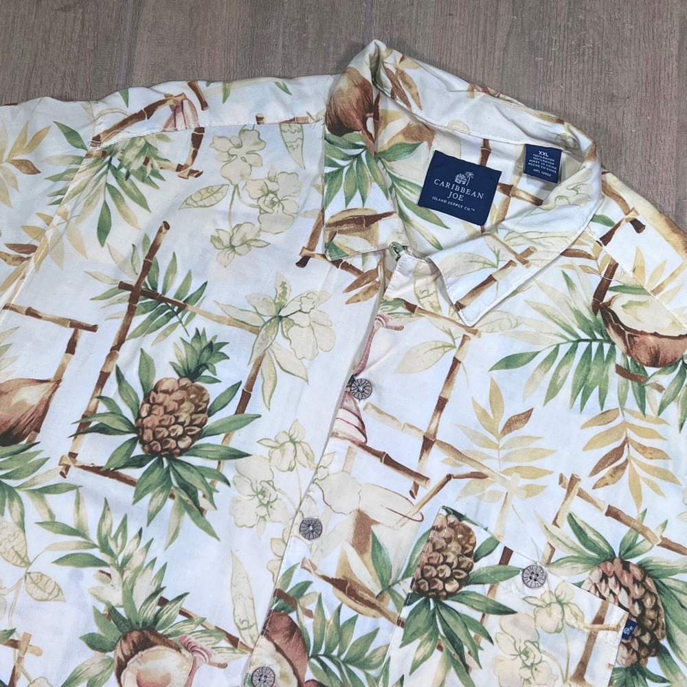 Caribbean‎ Joe Mens XXL Tropical Pineapple Coconut Silk Blend Hawaiian Shirt tan
